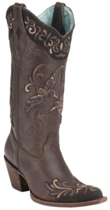 Corral® Women's Kats Chocolate/Purple Bird Overlay Snip Toe Western Boots