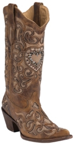 Corral® Ladies Sand Maipo Inlay & Crystal Heart Snip Toe Western Boots