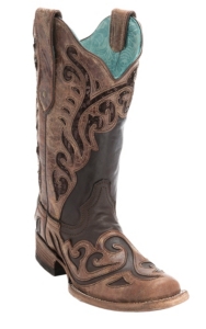 Corral® Ladies Chocolate w/ Distressed Brown Wave Overlay & Sequin Inlay Square Toe Double Welt Western Boots