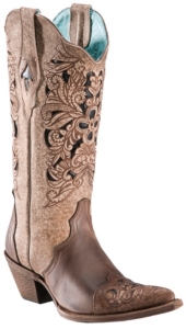 Corral® Ladies Brown Floral Tool w/ Black Inlay Pointed Toe Western Boots
