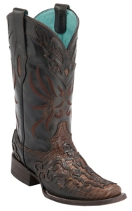 Corral® Ladies Cognac Teju Lizard w/Leather Lace Overlay Square Toe Exotic Western Boots