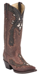 Corral® Women's Brown w/ Chocolate Overlay & Studs Snip Toe Western Boots
