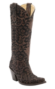 Corral® Women's Chocolate w/Black Lace Floral Embroidered Overlay Tall Snip Toe Western Boots