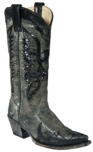 Corral® Ladies Grey Black w/ Black Sequin Eagle and Wingtip Snip Toe Western Boots