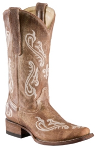 Corral® Ladies Tan Brown Cortez w/ Cream Embroidery Square Toe Western Boots