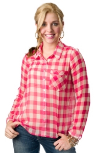 Vintage Havana® Women's White and Pink Check Button Back Long Sleeve Fashion Top
