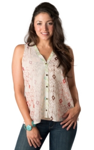 Vintage Havana® Women's Cream with Multi-Colored Aztec Print and Buttons Sleeveless Tank Top