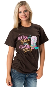 Cattilac Style® Ladies Brown Spurs and Bling Short Sleeve Tee