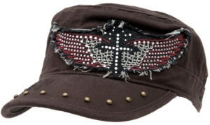 Rock & Roll Cowgirl® Brown w/ Black & Red Embroidered Winged Cross w/ Crystals Military Style Cap