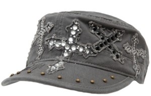 Rock & Roll Cowgirl® Grey w/ Multi Rhinestone Crosses Military Style Cap