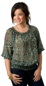 Cowgirl Justice® Women's Light Mint with Turquoise and Brown Leopard Print Chiffon 3/4 Sleeve Fashion Top