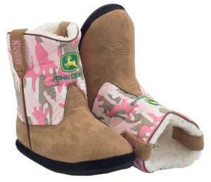 Montana Silversmiths® Cowboy Kickers™ Youth John Deere Brown w/ Pink Camo Cowboy Boot Slippers