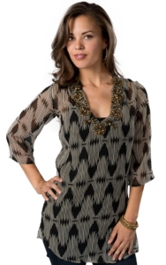 Ocean Drive® Women's Black and Cream with Gold Beads 3/4 Sleeve Chiffon Fashion Top