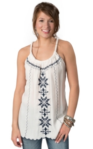 Ocean Drive® Women's White Linen with Navy Embroidery and Rope Straps Sleeveless Fashion Top