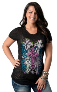 Rebel Rose® Junior's Black with Pink, Turquoise and Lime Crosses Burnout Short Sleeve Tee