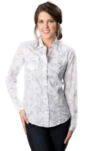 Cruel Girl® Women's White with Blue Floral Print and Grey Logo on Back Long Sleeve Western Shirt