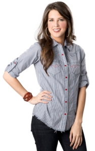 Cruel Girl® Women's White with Blue Stripes and Frayed Edlge Long Sleeve Western Shirt