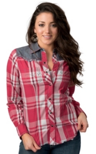 Cruel Girl® Women's Pink and White Plaid with Denim Long Sleeve Western Shirt