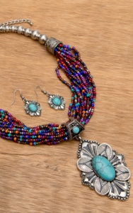 Wear N.E. Wear® Multi-Colored Beaded Turquoise and Silver Pendant Necklace Jewelry Set