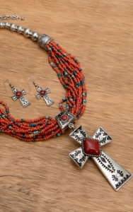 Wear N.E. Wear® Red and Turquoise Beaded and Silver Pendant Necklace Jewelry Set