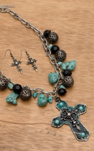 Wear N.E. Wear® Black, Turquoise and Silver Cross Charm Necklace Jewelry Set