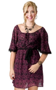 Rock & Roll Cowgirl® Ladies Pink and Black Georgette Print with Lace Flutter Sleeve Peasant Dress
