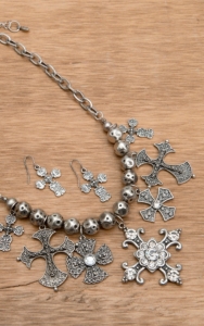 Wear N.E. Wear® Silver Antique Cross and Beads Necklace Fashion Jewelry Set