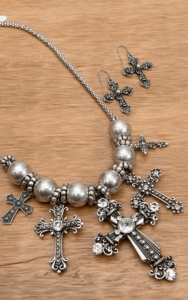 Wear N.E. Wear® Silver Antique Rhinestone Cross Necklace Jewelry Set