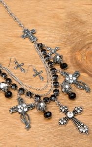 Wear N.E. Wear® Antique Silver Cross and Black Beaded Layered Jewelry Set