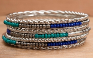 Wear N.E. Wear® Silver, Blue and Turquoise Beaded 7 Piece Bangle Bracelet Set