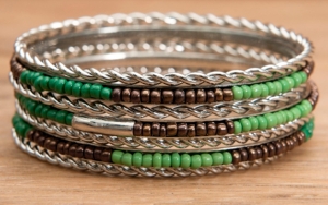 Wear N.E. Wear® Silver, Green and Brown Beaded 7 Piece Bangle Bracelet Set