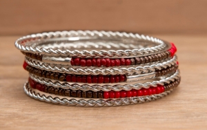 Wear N.E. Wear® Silver, Red and Brown Beaded 7 Piece Bangle Bracelet Set
