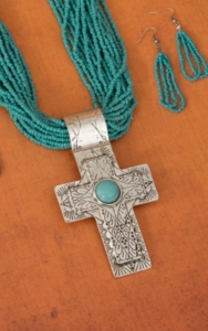 Cindy Smith Turquoise Beaded w/ Silver and Turquoise Aztec Cross Jewelry Set