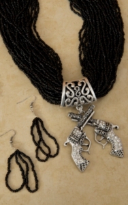 Cindy Smith Black Beaded w/ Silver, Turquoise and Rhinestone Crossed Pistols Jewelry Set
