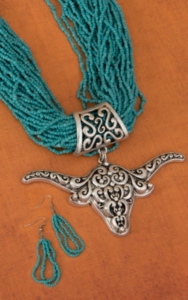 Cindy Smith Turquoise Beaded w/ Silver and Rhinestone Longhorn Jewelry Set