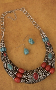 Cindy Smith® Silver with Turquoise and Red Stones Collar Necklace and Earrings Jewelry Set