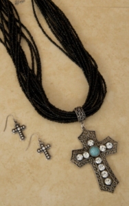 Cindy Smith Black Beaded w/ Silver, Turquoise and Rhinestone Rustic Cross Jewelry Set