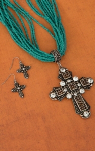 Cindy Smith Turquoise Beaded w/ Silver and Rhinestone Cross Jewelry Set