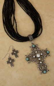 Cindy Smith Black Beaded with Silver, Turquoise and Rhinestone Filigree Cross Jewelry Set