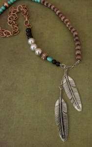 Gypsy Soule® Silver Feather Charms w/ Copper, Turquoise, Black & Silver Beads Necklace DN373
