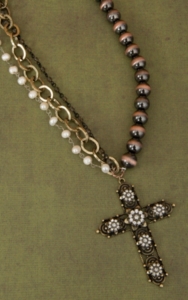 Gypsy Soule® Anitqued Gold & Crystal Flower Cross w/  Brown & Pearl Beads Necklace DN386