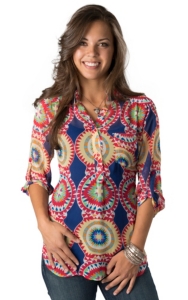 Karlie® Women's Multi-Colored Kaleidoscope Print 3/4 Sleeve Fashion Top