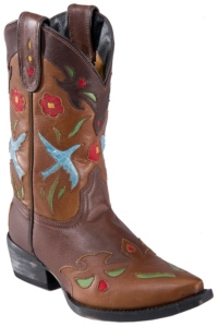 Dan Post® Youth Brown w/ Blue Bird & Multi Color Floral Inlay Snip Toe Western Boot