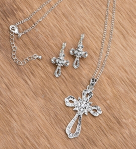 3-D Belt Company® Silver Filigree Crystal Cross Jewelry Set