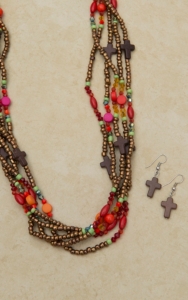 Cindy Smith Brown, Red, Green and Orange Multi Strand Beaded Cross Necklace Jewelry Set