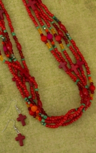 Red, Green, Pink and Orange Multi Strand Beaded Cross Necklace Jewelry Set