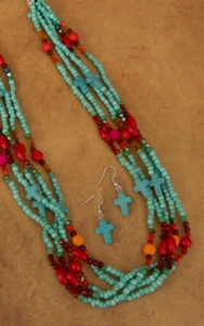 Cindy Smith Turquoise Crosses and Red, Orange, Green and Pink Beaded Necklace Jewelry Set
