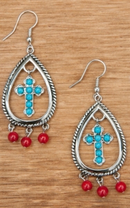 Montana Silversmiths® Silver Tear Drop with Turquoise Cross and Red Beads Earrings