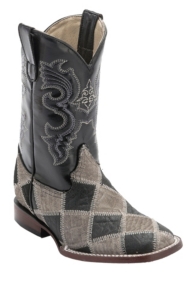 Ferrini® Youth Grey/Black Caiman Print Patchwork w/Black Top Double Welt Square Toe Western Boots