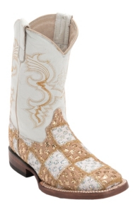 Ferrini® Kid's Gold/White Lace Patchwork w/White Top Double Welt Square Toe Western Boots